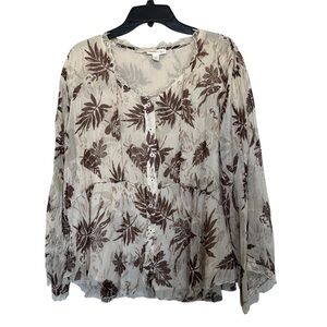 Coldwater Creek Women’s Sz L Brown Cream Bronze Metallic Print Peasant Blouse